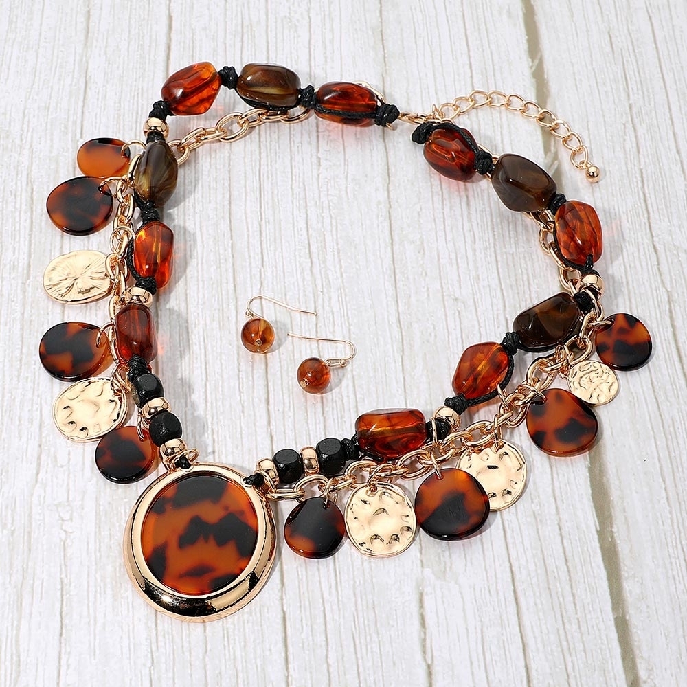 Brown Gold Tortoise Shell Charm Pebble Beaded Oval Pendant Statement Necklace